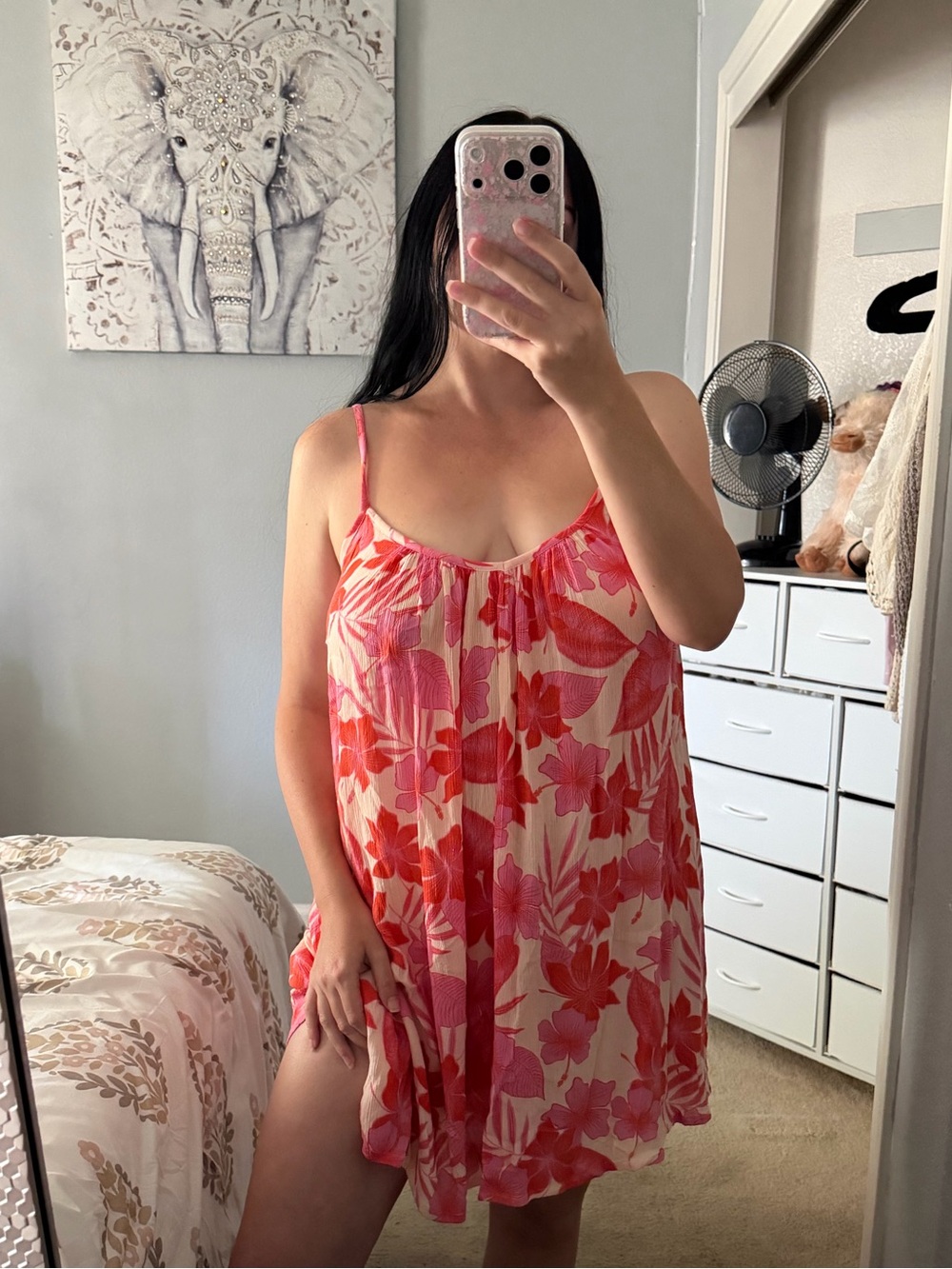 Roxy Pink and Coral Floral Open Back Mini Dress Swim Coverup M Medium
